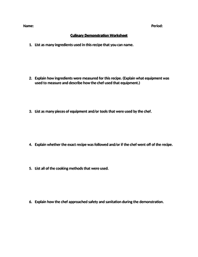 Culinary Arts Demonstration Worksheet