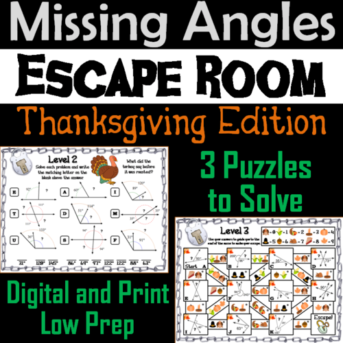 Solving for Missing Angles Game: Escape Room Thanksgiving Math Activity