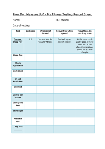 PE fitness testing recording sheet