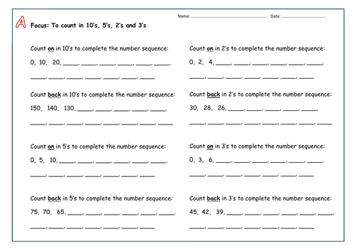 Count in 10's, 5's, 2's and 3's