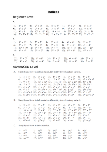 Indices worksheet - differentiated