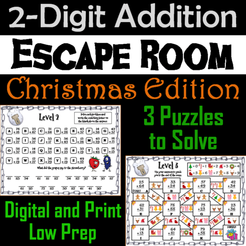 Double Digit Addition With and Without Regrouping: Christmas Escape Room Math