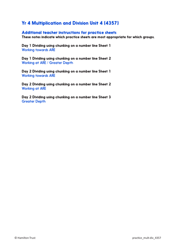 Practice Worksheets: Division using efficient chunking (Year 4