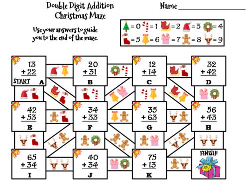 Double Digit Addition Without Regrouping Christmas Math Maze
