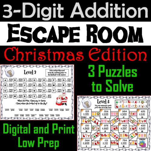 Triple Digit Addition With and Without Regrouping Game: Christmas Escape Room
