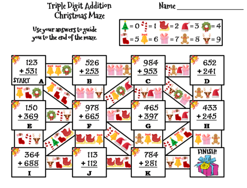 Triple Digit Addition With Regrouping Christmas Math Maze