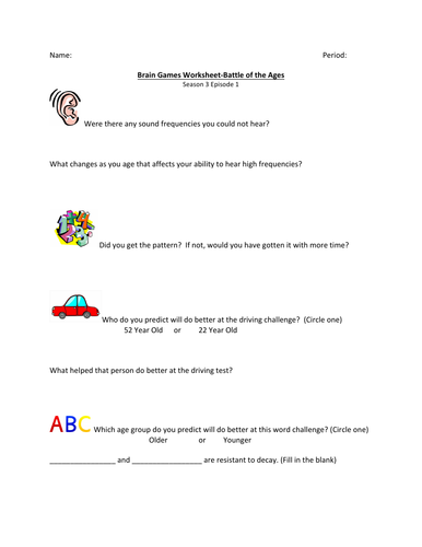 Brain Games Worksheet-Battle of the Ages