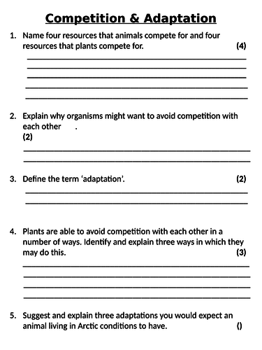 NEW AQA GCSE Trilogy (2016) Biology - Competition & Adaptation Homework