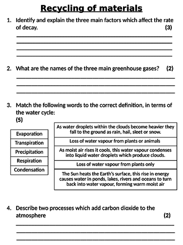 NEW AQA GCSE Trilogy (2016) Biology - Recycling Materials in the Ecosystem Homework
