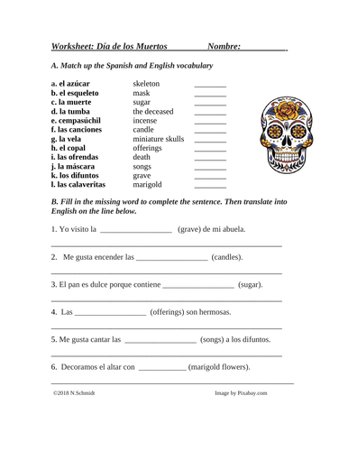 Dia De Los Muertos Spanish Worksheet On Day Of The Dead Teaching Resources