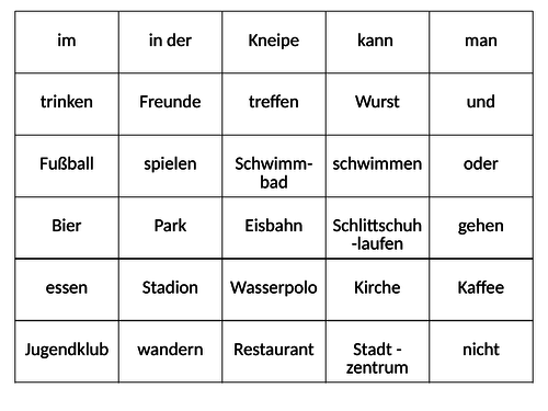 German word order card sort - places in a town and things you can do there