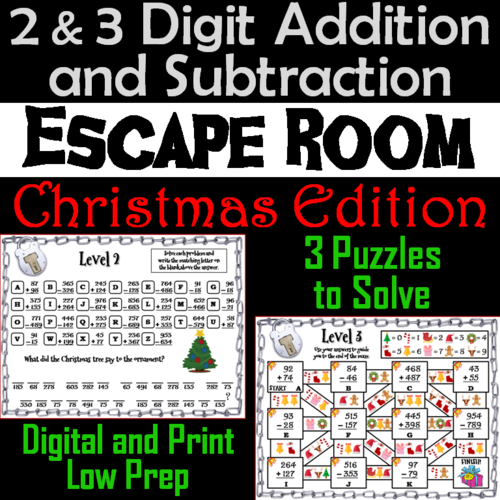 2 and 3 Digit Addition and Subtraction W& WO Regrouping Escape Room Christmas