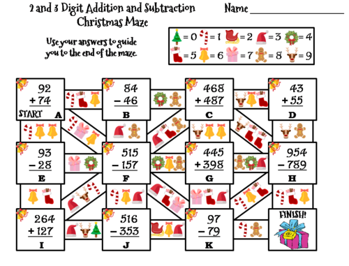 2 and 3 Digit Addition and Subtraction With Regrouping Christmas Math Maze