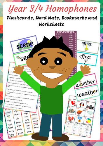 Year 3/4 Homophones Flashcards, Wordmat, Bookmarks & Worksheets