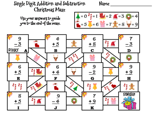 Single Digit Addition and Subtraction Christmas Math Maze