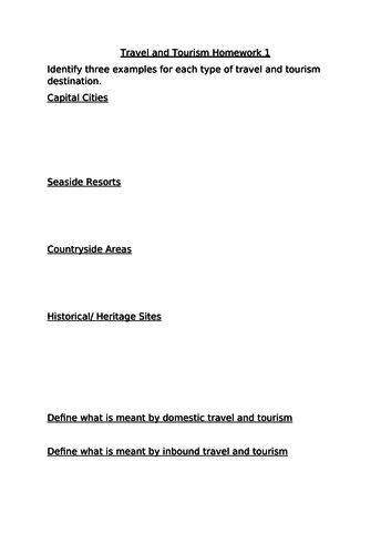 BTEC First Award Travel and Tourism Level 1/2 Unit 1 Homework Pack