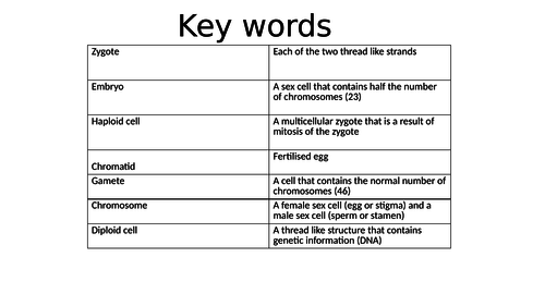 Flow chart and word sort for Meiosis