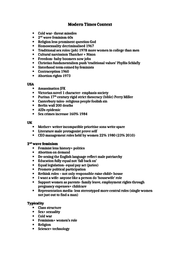 Modern Times Context- A-level Modern and Postmodern Typicality- significant events and literature