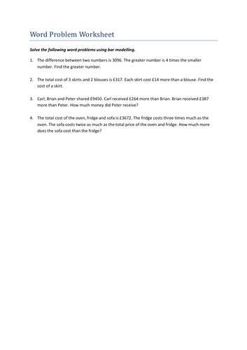 Word Problem Worsheet - Solving using Bar Model