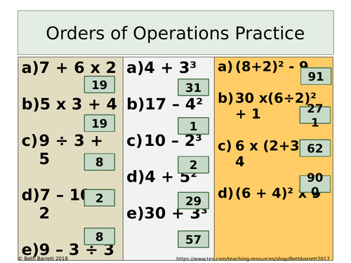Orders of Operations Practice - Differentiated with answer - BIDMAS / BODMAS