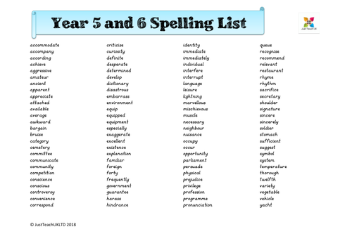 year 5 6 spelling list mat teaching resources