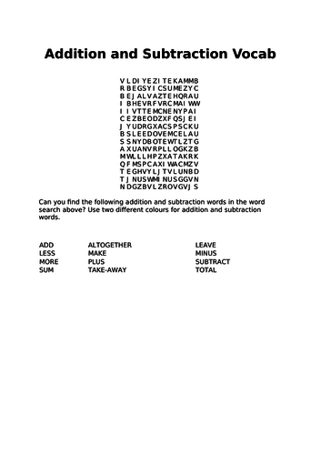Addition and Subtraction Vocab Wordsearch