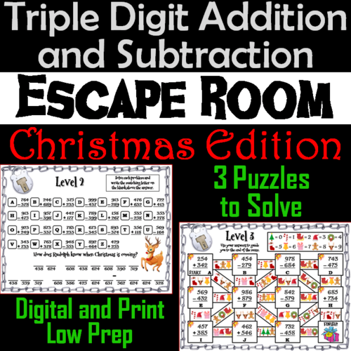 Triple Digit Addition and Subtraction Game: Math Escape Room Christmas