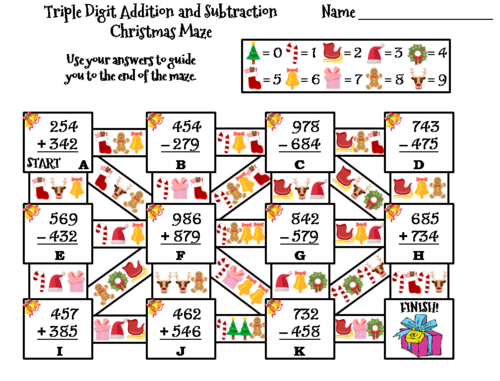 Triple Digit Addition and Subtraction Christmas Math Maze