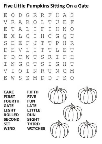 Five Little Pumpkins Sitting On a Gate Word Search