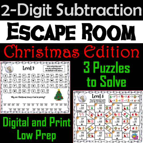 Double Digit Subtraction With and Without Regrouping: Christmas Escape Room