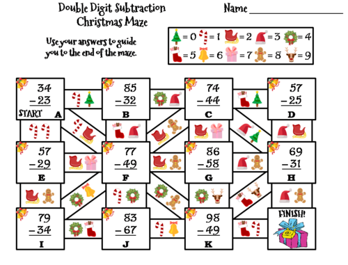 Double Digit Subtraction Christmas Math Maze