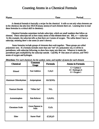 Counting The Type And Number Of Atoms In A Chemical Formula Worksheet Teaching Resources