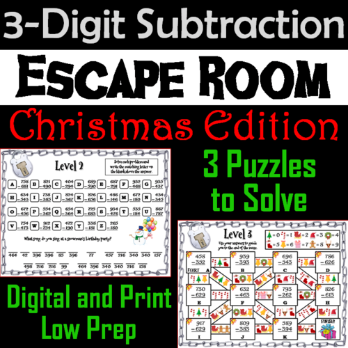 Triple Digit Subtraction With and Without Regrouping: Christmas Escape Room