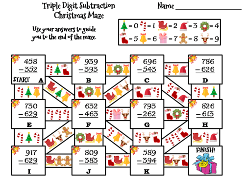 Triple Digit Subtraction Christmas Math Maze