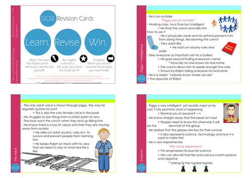 GCSE/KS4 RE I Lord of the Flies Character: Piggy Revision Cards