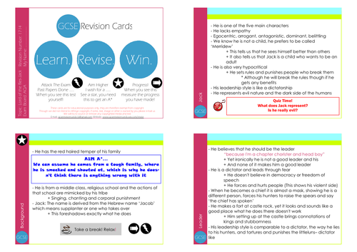 GCSE/KS4 RE I Lord of the Flies Character: Jack Revision Cards