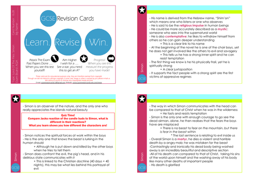 GCSE/KS4 RE I Lord of the Flies Character: Simon Revision Cards