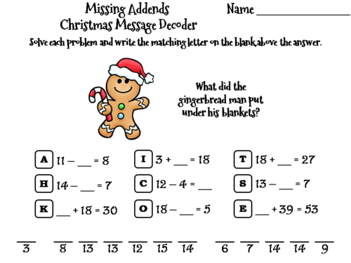 Missing Addends Christmas Math Activity: Message Decoder