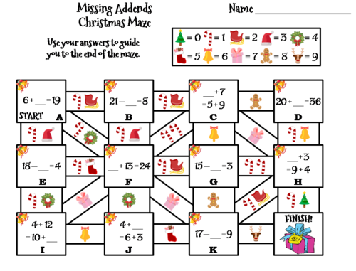 Missing Addends Christmas Math Maze