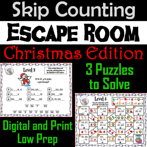 Skip Counting by 2, 3, 4, 5, 10 Game: Christmas Escape Room Math Activity