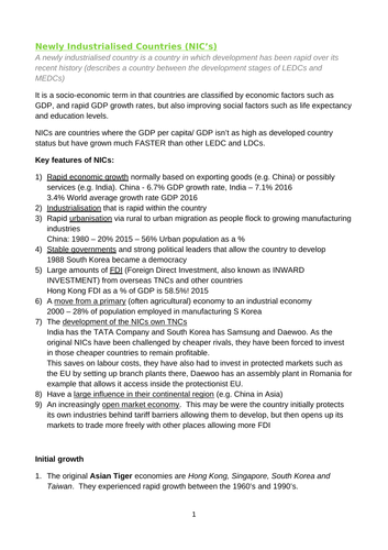 NICs fact file with detailed Case Studies