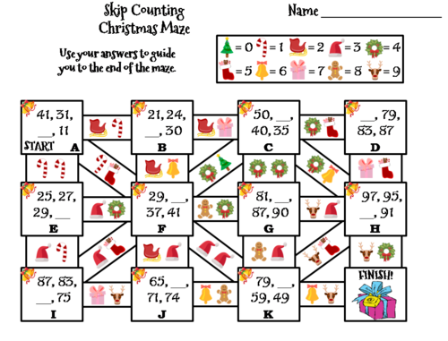 Skip Counting by 2, 3, 4, 5, 10 Christmas Math Maze