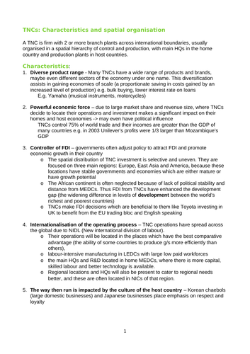 TNCs growth; spatial organisation and case studies