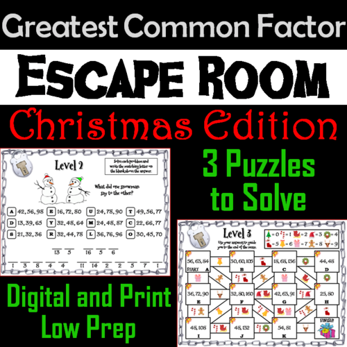 Christmas Escape Room Math: Greatest Common Factor Game 4th 5th 6th 7th Grade