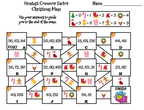 Greatest Common Factor Activity: Christmas Math Maze