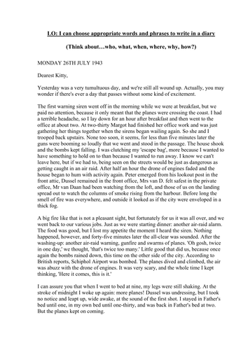 Diary entry lesson (Goodnight Mr Tom) Year 6