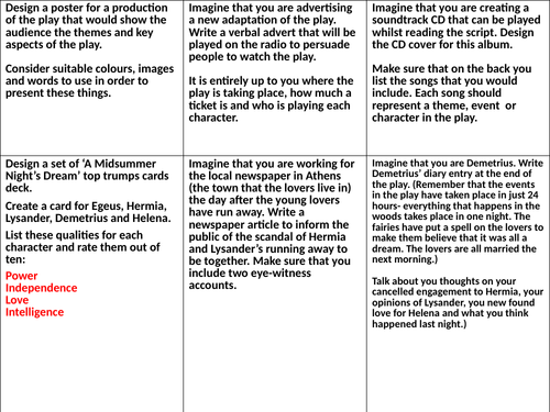 A Midsummer Night's Dream Task Grid