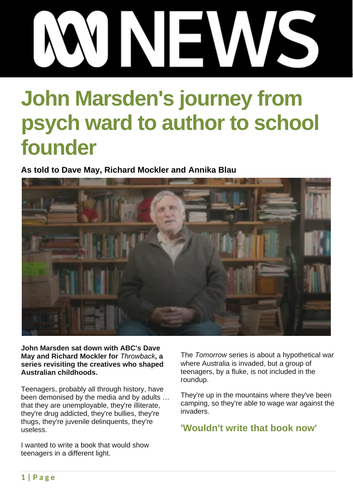 Newspaper article: John Marsden's journey from psych ward to author to school founder