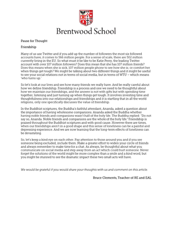 Assembly reading on Friendship