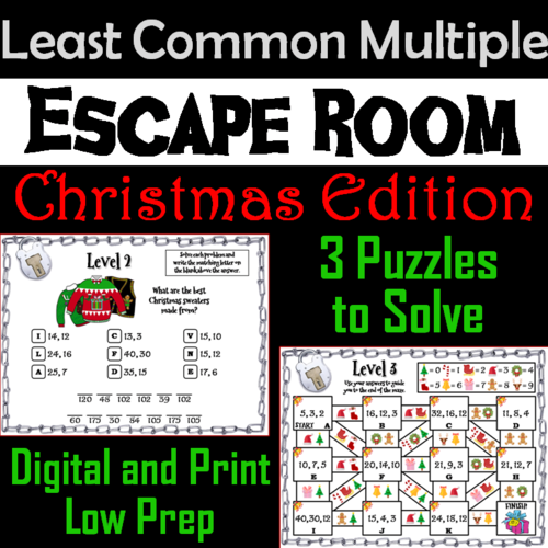 Christmas Escape Room Math: Least Common Multiple Game 4th 5th 6th 7th Grade